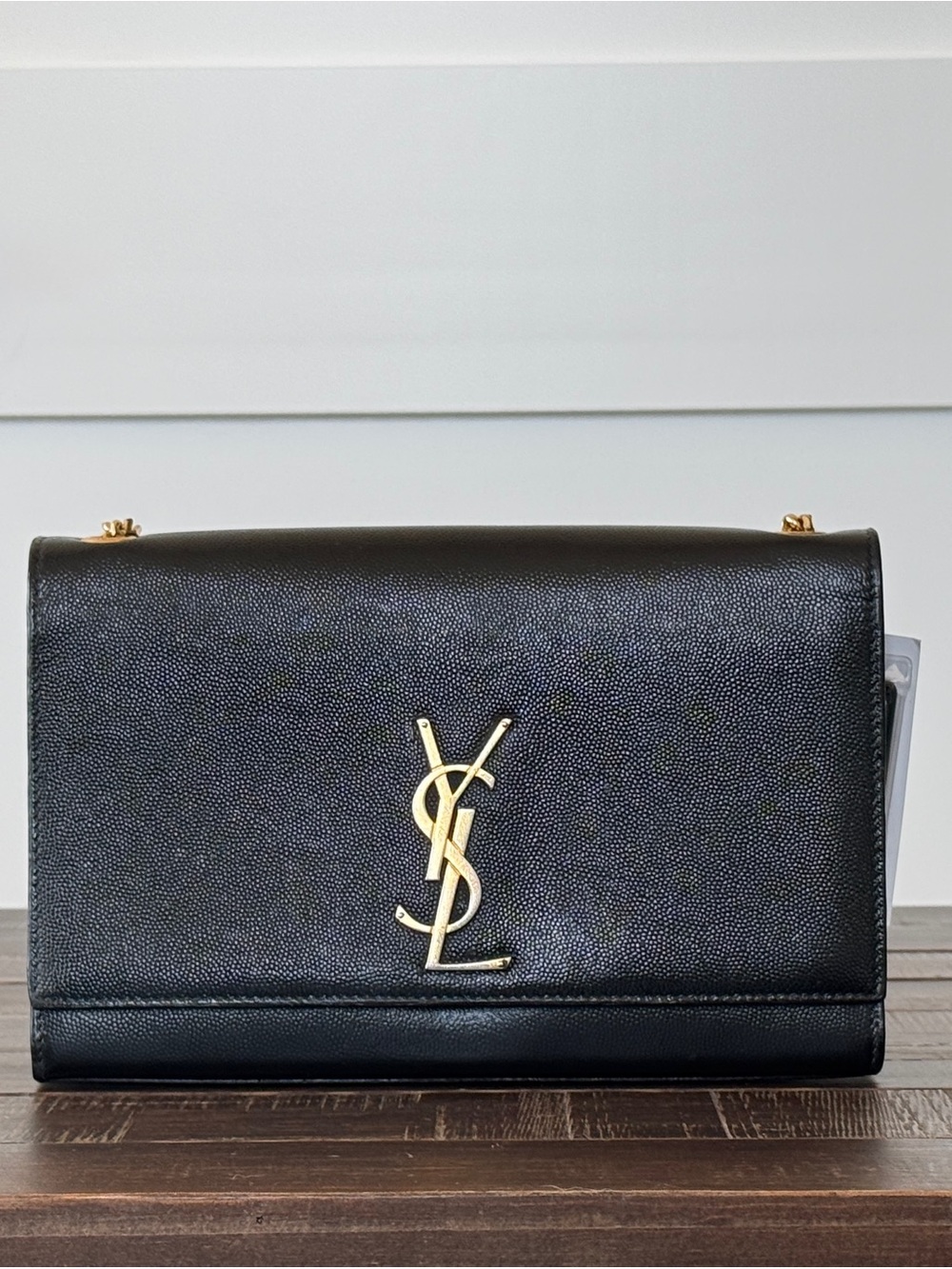 Saint Laurent Black Leather Shoulder Bag with Gold YSL Logo